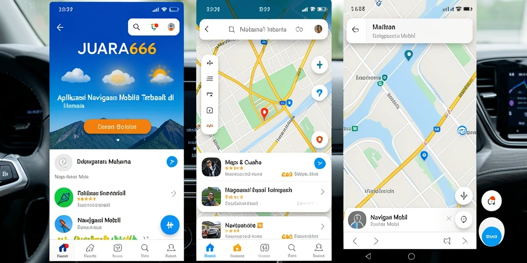 Antarmuka JUARA666 yang menampilkan fungsi Navigasi Mobil dan informasi cuaca.