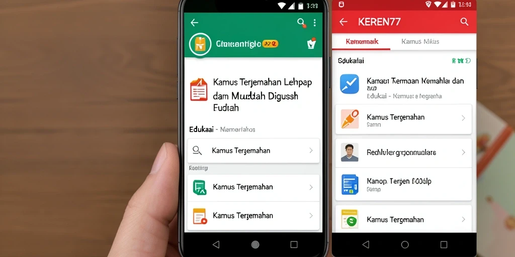 Tampilan antarmuka KEREN77 yang menarik dan fungsional sebagai aplikasi Kamus Terjemahan.